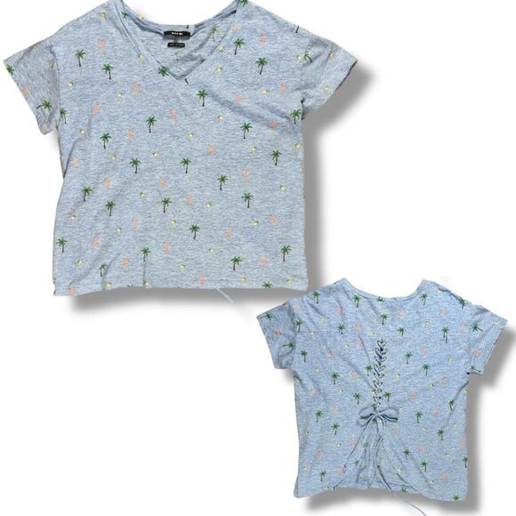 Miss Me Tops - Miss Me Tropical Palm Flamingo Lace-Up Back Tee Gray Blue Medium